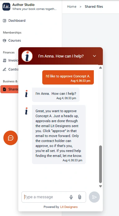 Anna, the Author Studio assistant, answering a question about approving a cover concept