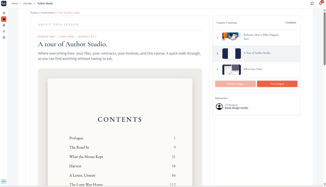 An Author Studio course lesson with the lesson list and progress on the right