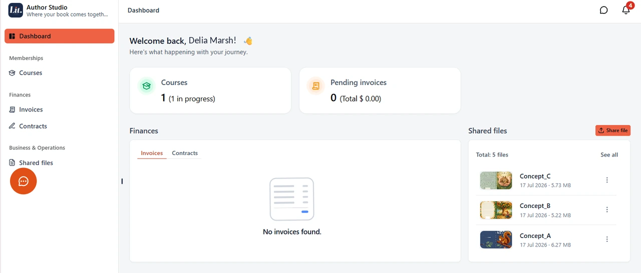 The Author Studio dashboard showing course progress, invoice status and recently shared files