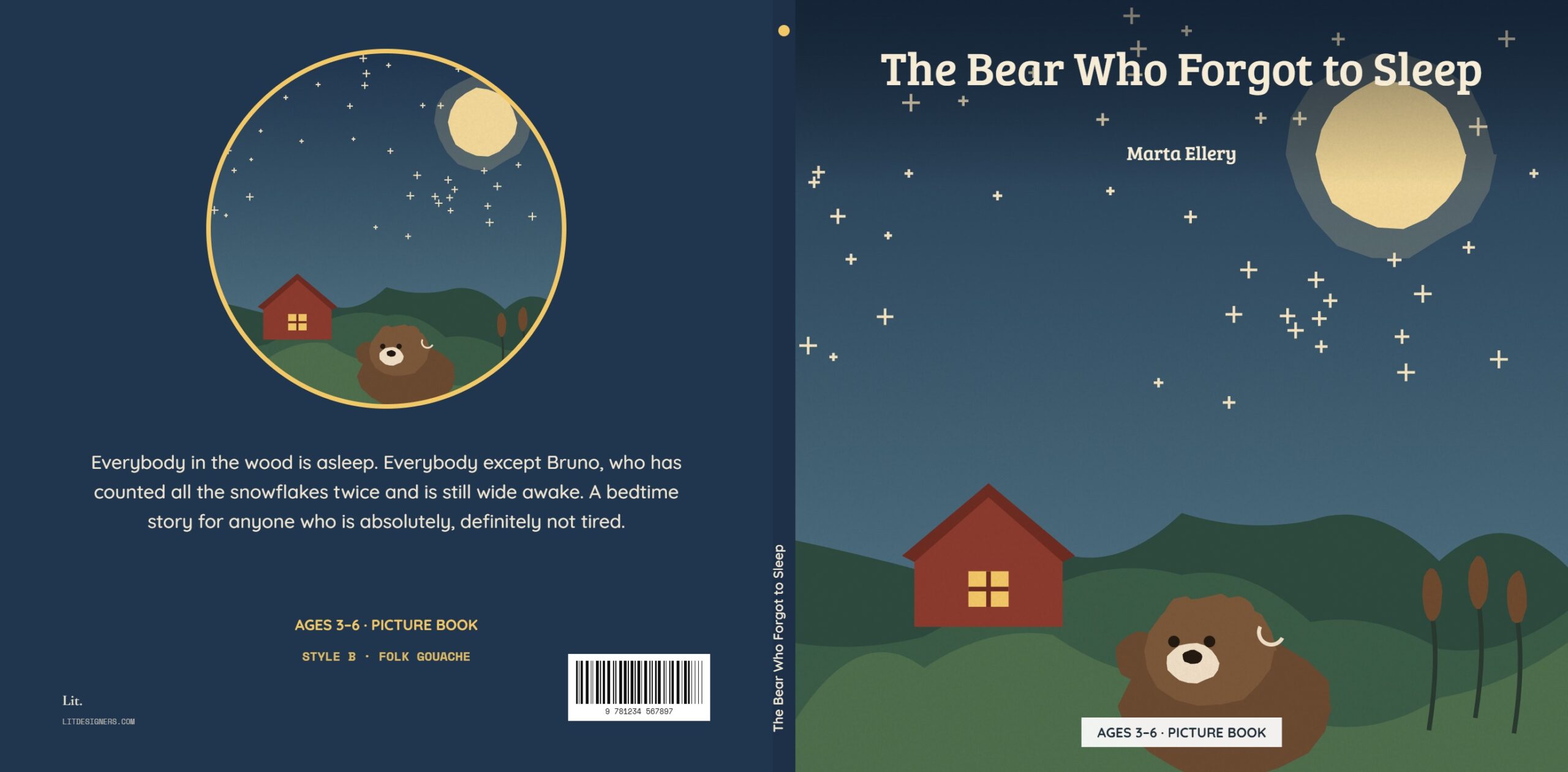 Cover direction two: folk-art gouache with layered hills, a barn with a lit window and cross-stitch stars