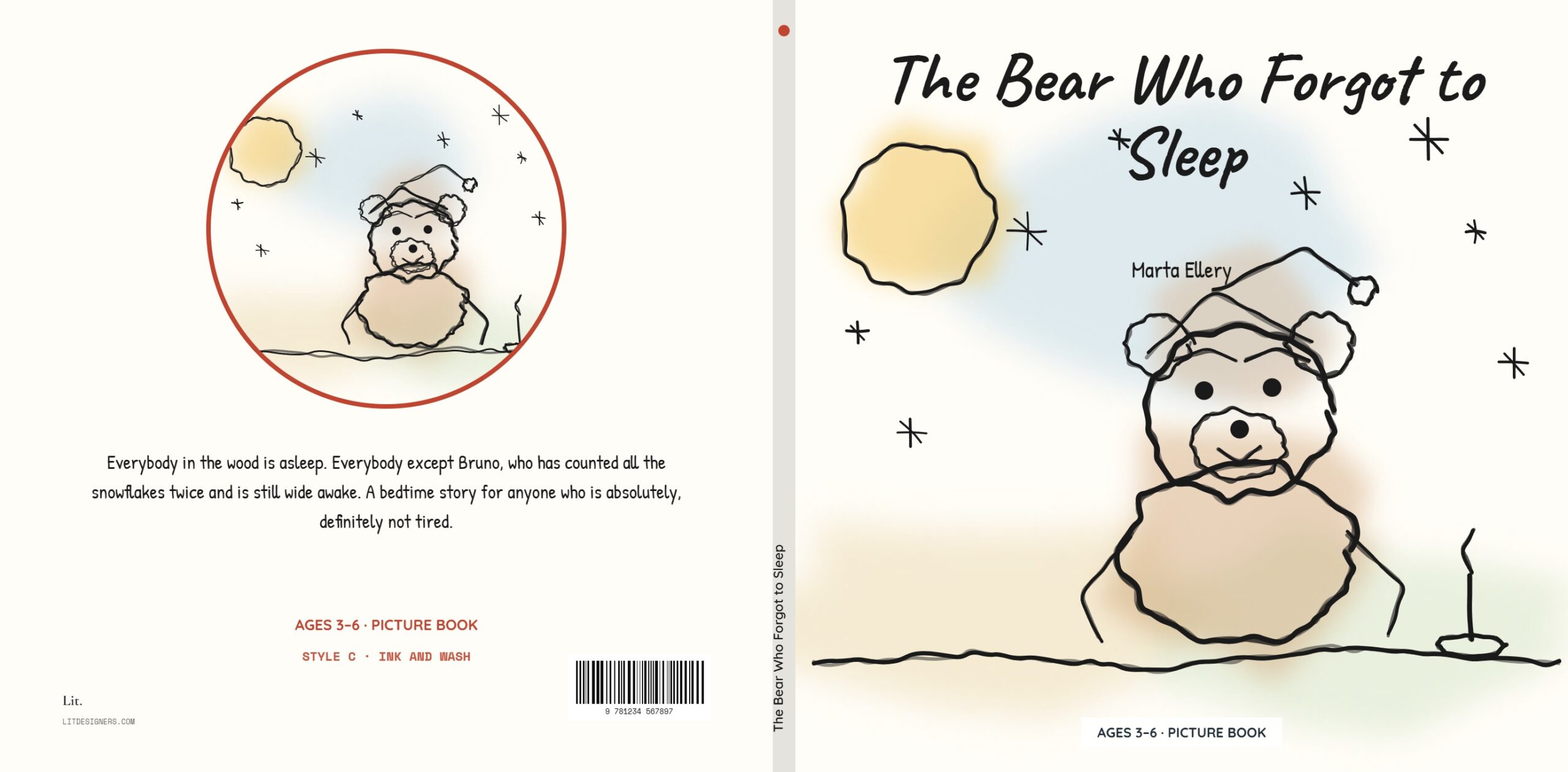 Cover direction three: scratchy pen line with watercolour washes offset from the drawing