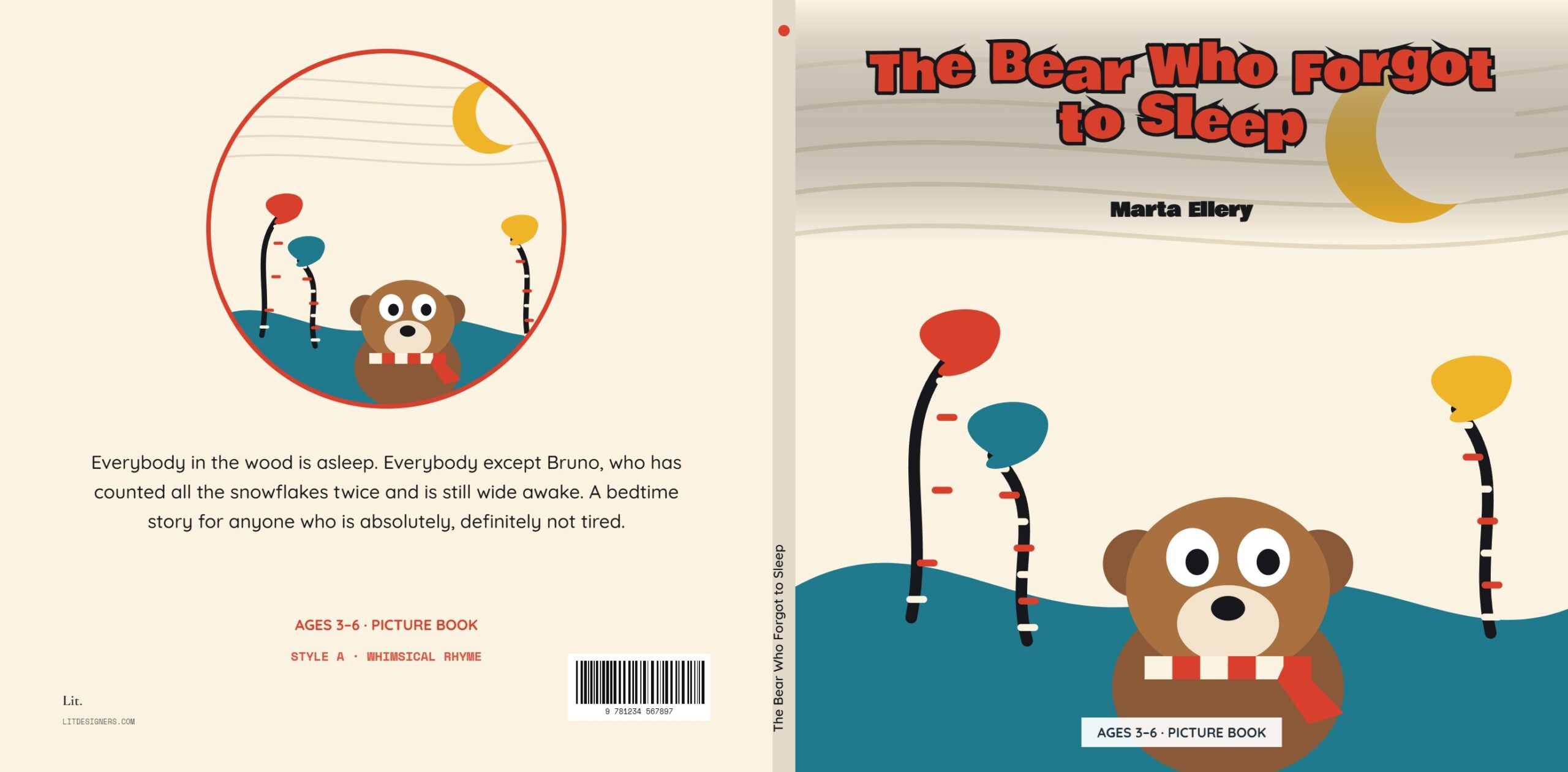 Cover direction one: bouncing display lettering, teetering striped trees and a flat limited palette
