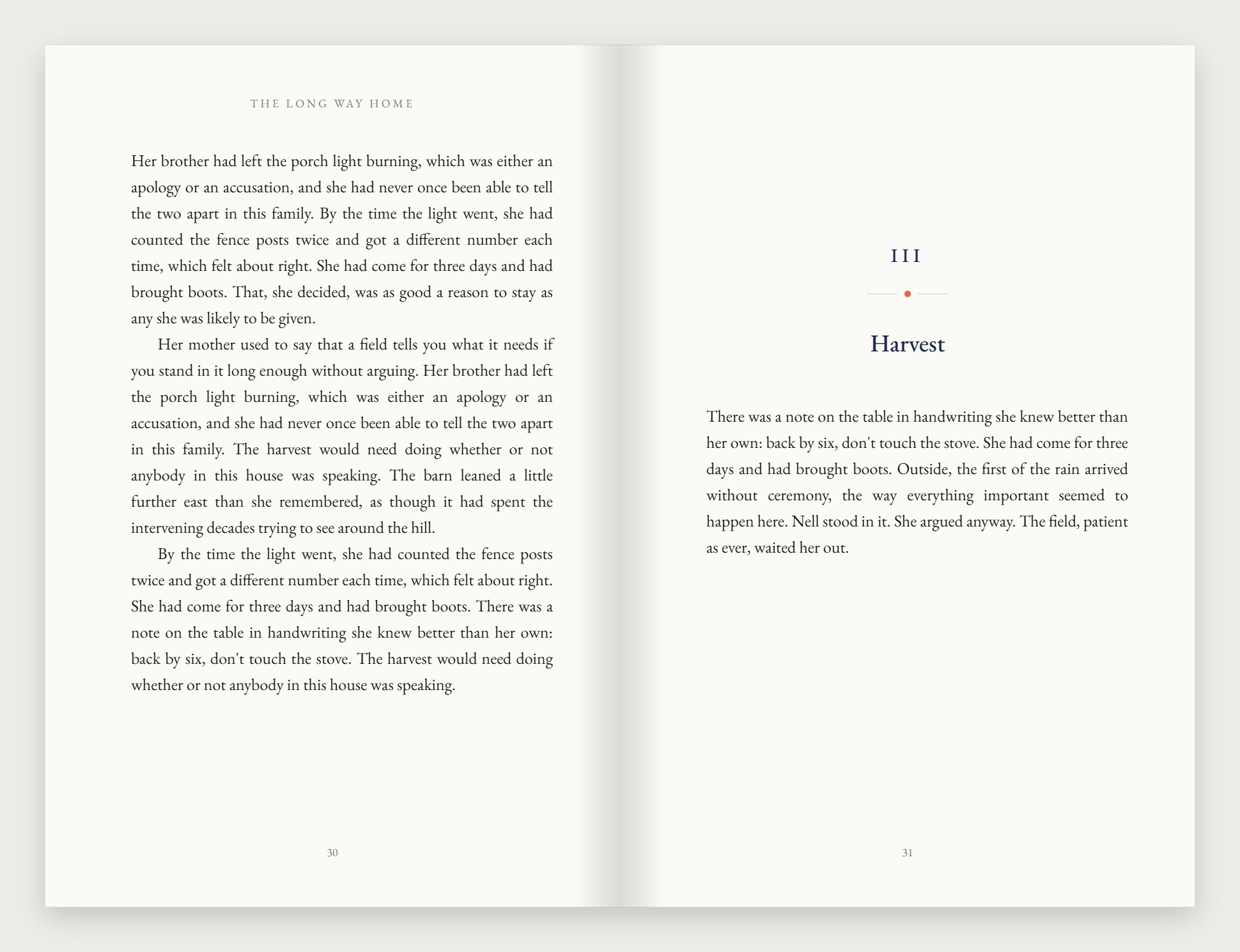 A chapter opening spread showing the end of one chapter on the left and the opening of the next on the right