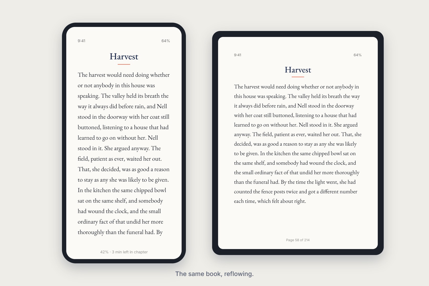 The same chapter shown reflowing on a phone and on an e-reader