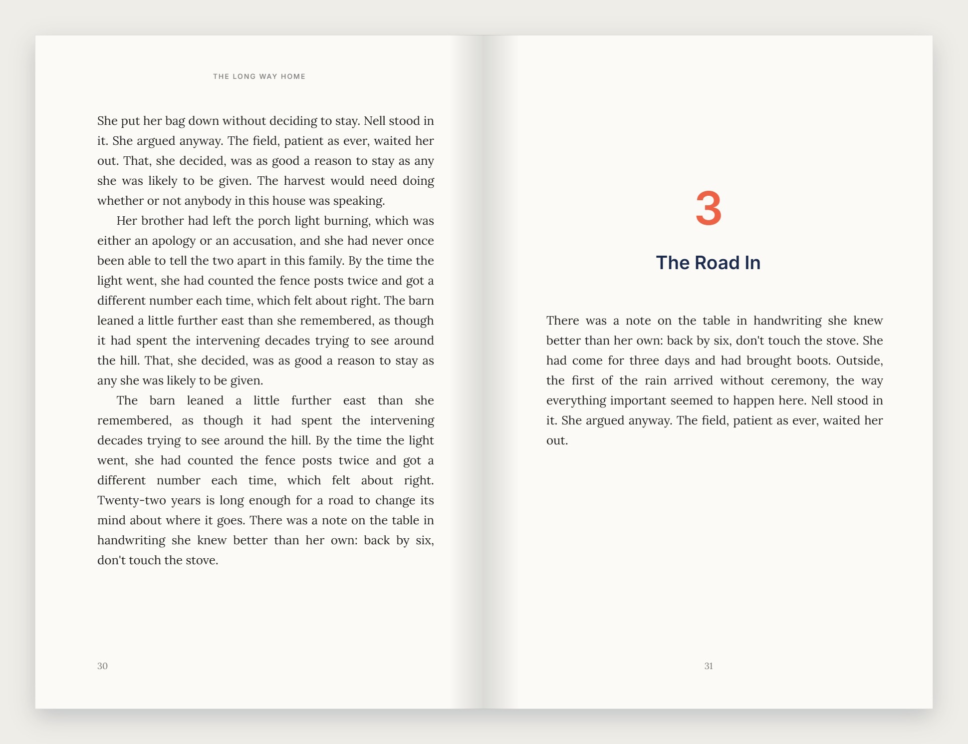 A sample interior spread typeset in a commercial style, with a large chapter numeral