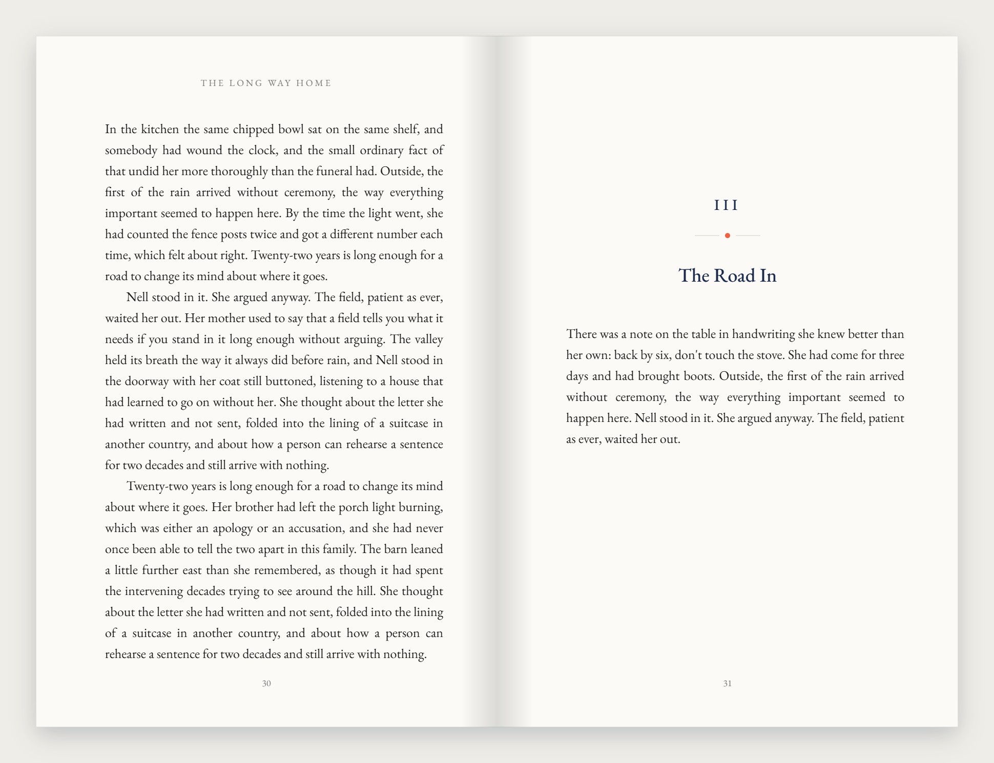 A sample interior spread typeset in a literary style, with a chapter opening on the right-hand page