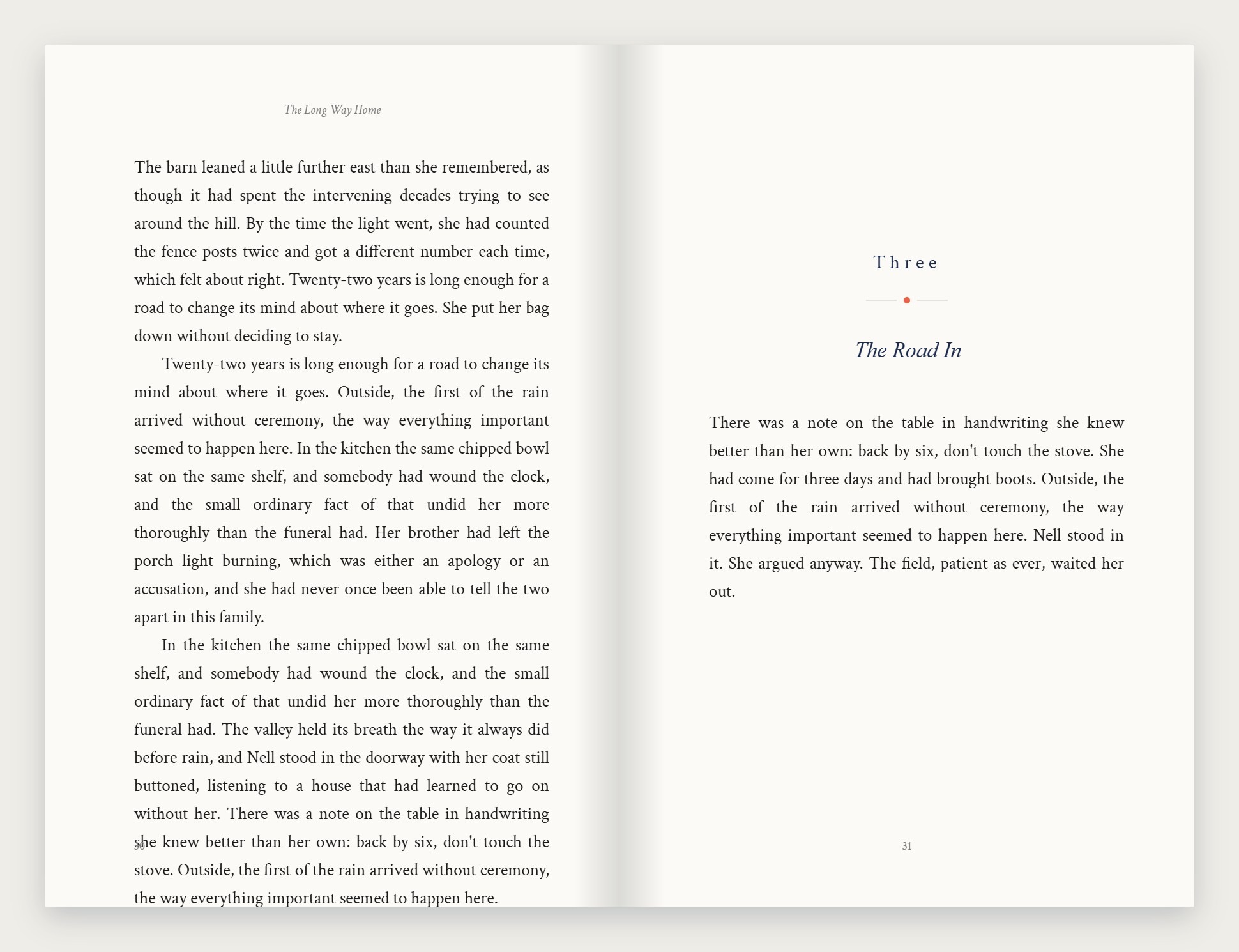 A sample interior spread typeset in a memoir style, with italic chapter titles and wide leading